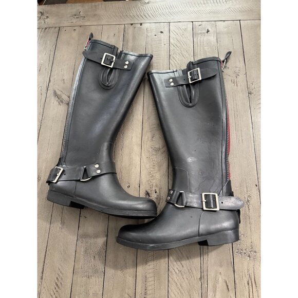 Steve Madden Tsunami Wellies Tall Black Buckle Rain Boots Red Detail Size 5 - Picture 2 of 8